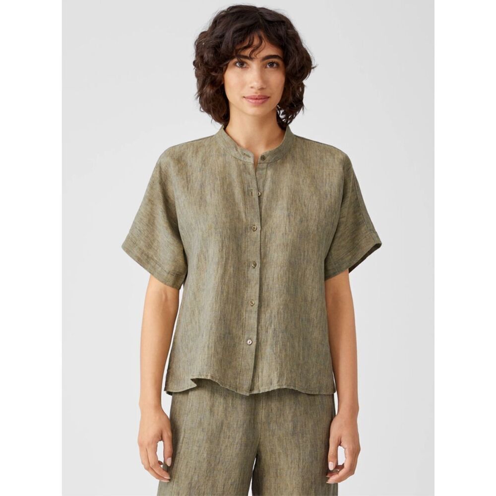 Eileen Fisher Washed Organic Linen Delave Shirt NWT Size Large